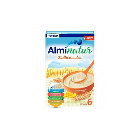 Almirón Alminatur multigrain porridge in a 230g jar with a spoon, showcasing a healthy breakfast option by Jag Couture London - New York.