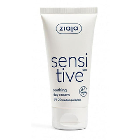 Jar of Ziaja Sensitive Crema Calmante De Día for sensitive skin, 50ml, with soothing ingredients and gentle texture.