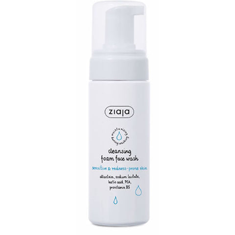Gentle Ziaja facial cleansing foam for sensitive, redness-prone skin in a 150ml bottle with a white and blue label.