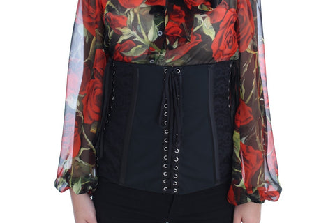 Black Dolce & Gabbana stretch corset waist strap belt with buckle detail and slim fit design.