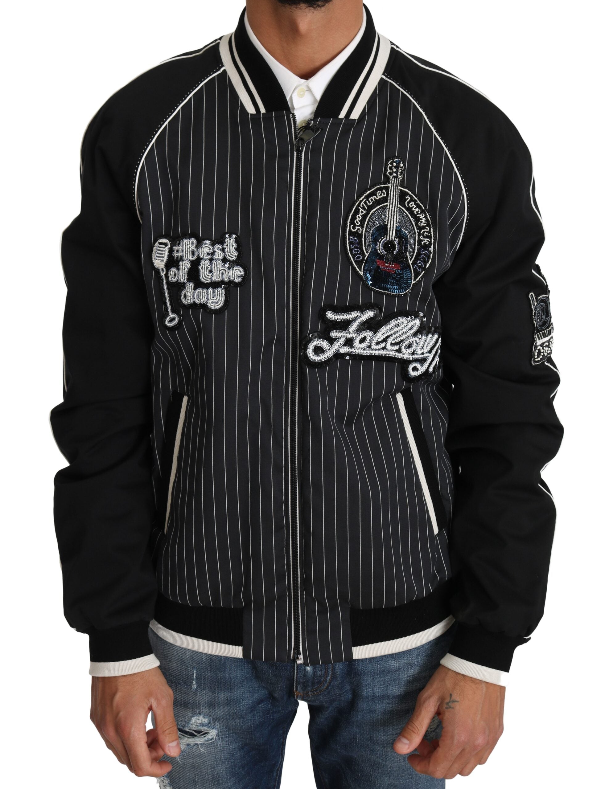 Black sequined beaded jacket by Dolce & Gabbana, featuring intricate detailing and luxurious fabric with a tailored fit.