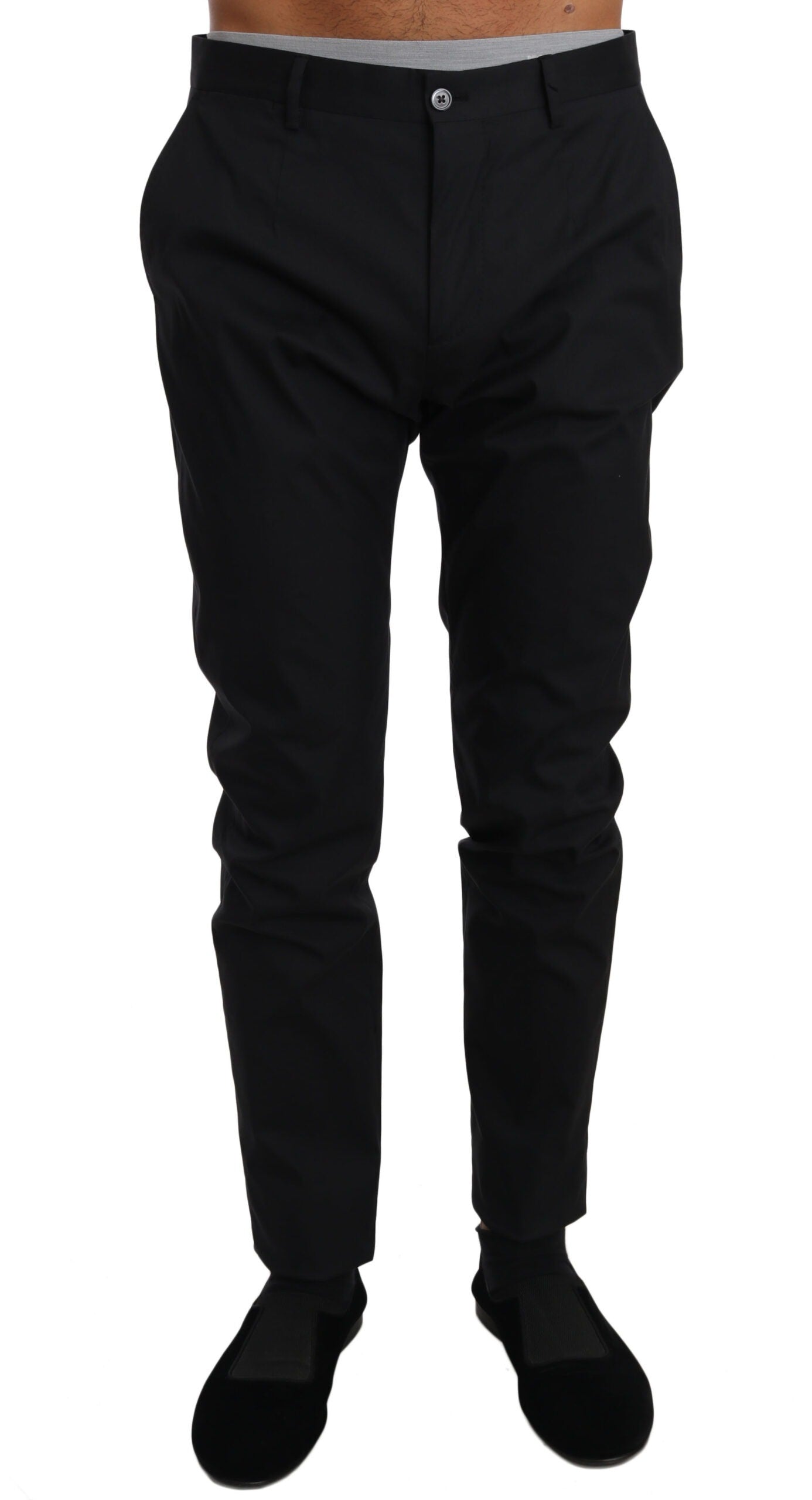 Black cotton stretch formal trousers by Dolce & Gabbana, tailored fit with waistband and classic trouser details.