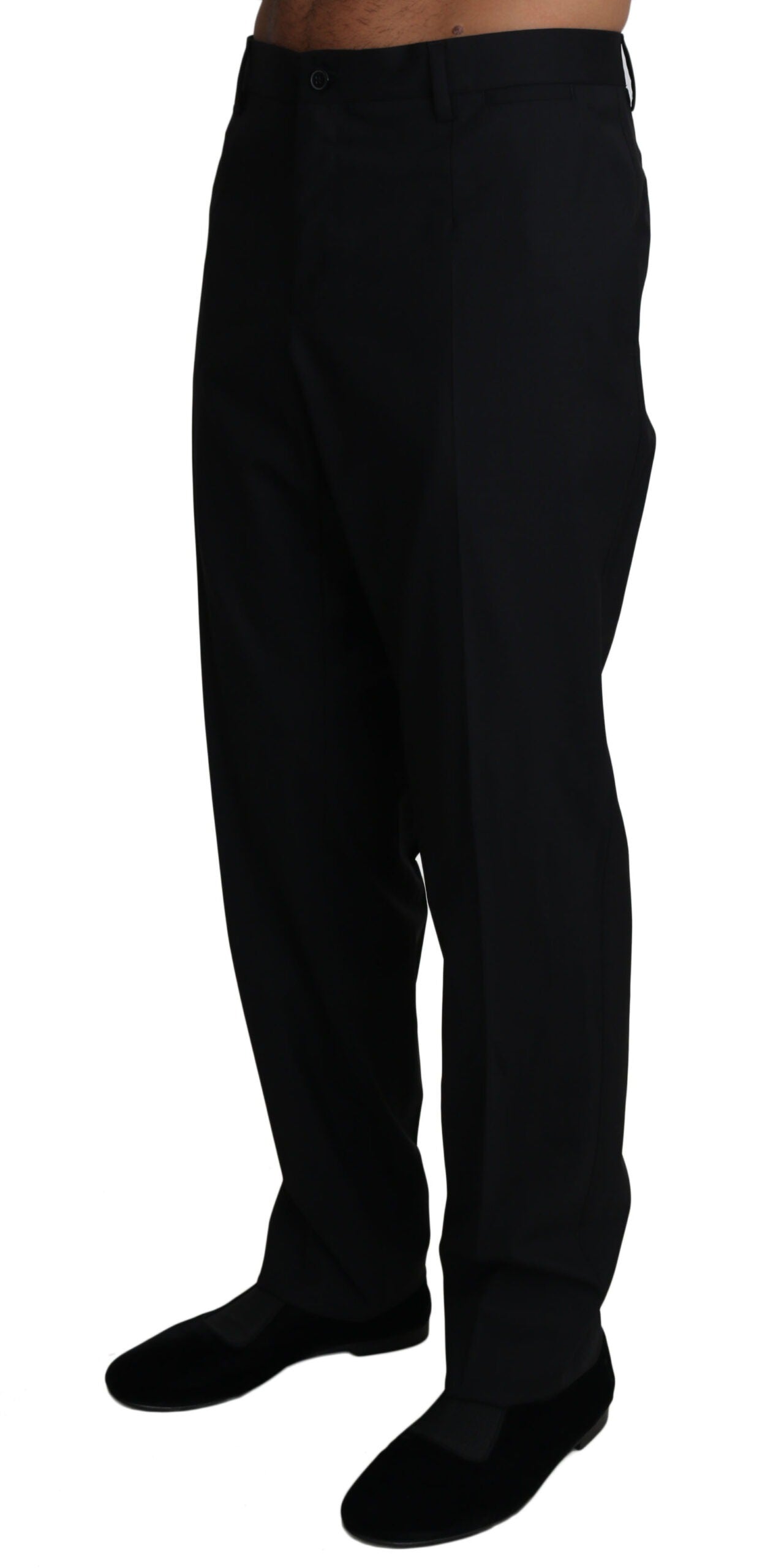 Black wool stretch dress trousers by Dolce & Gabbana, tailored fit with sleek waistband and classic leg design.