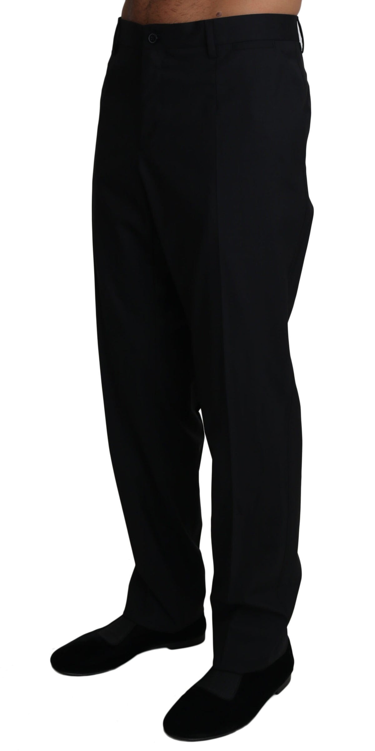 Black wool stretch dress trousers by Dolce & Gabbana, tailored fit with sleek waistband and classic leg design.