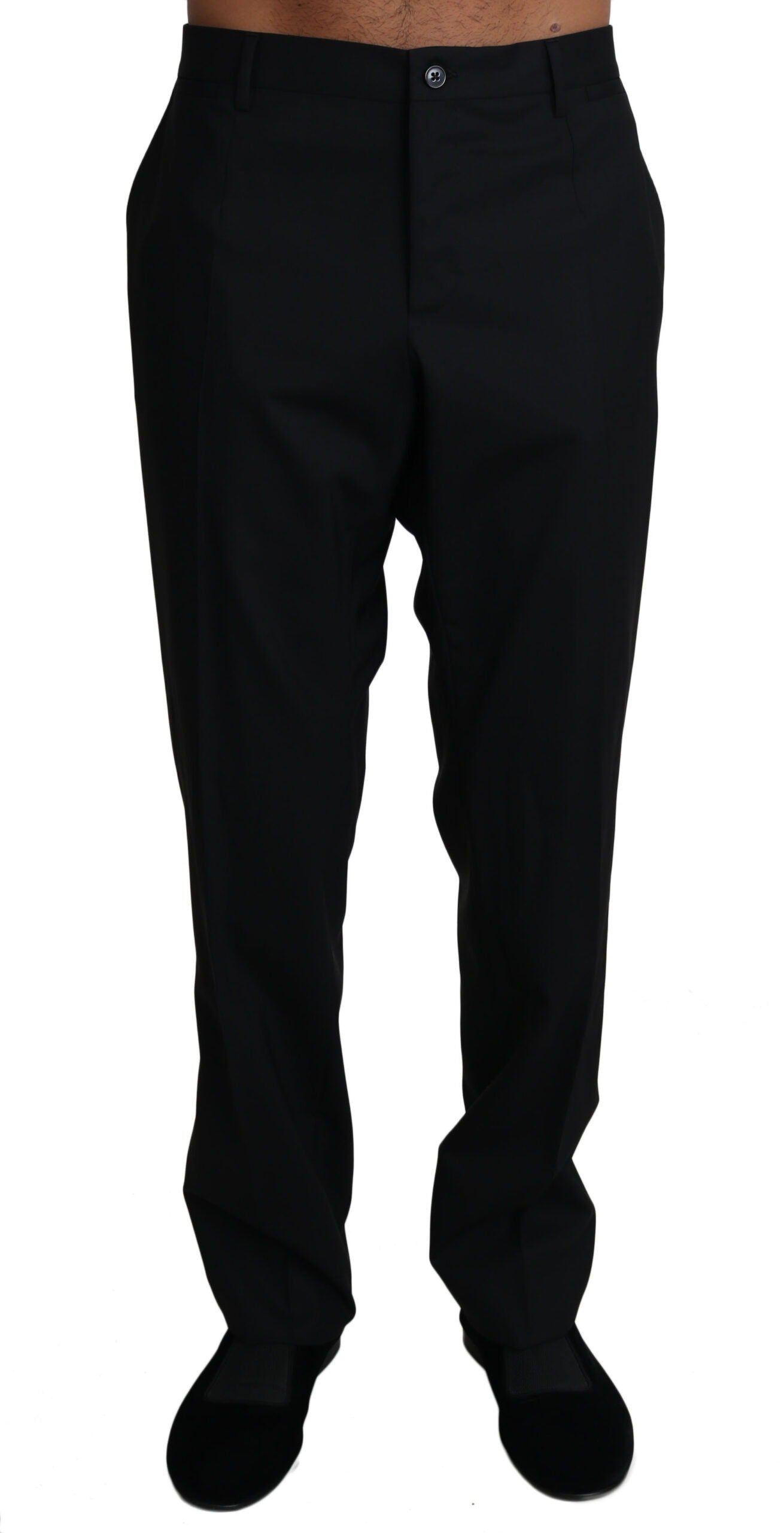 Black wool stretch dress trousers by Dolce & Gabbana, tailored fit with classic style and sleek design.