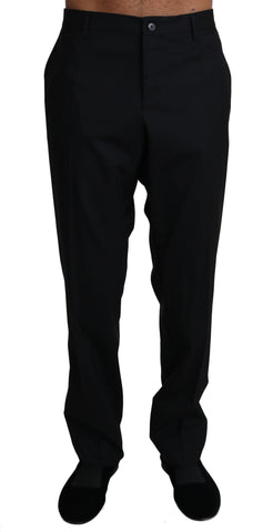 Black wool stretch dress trousers by Dolce & Gabbana, tailored fit with classic style and sleek design.