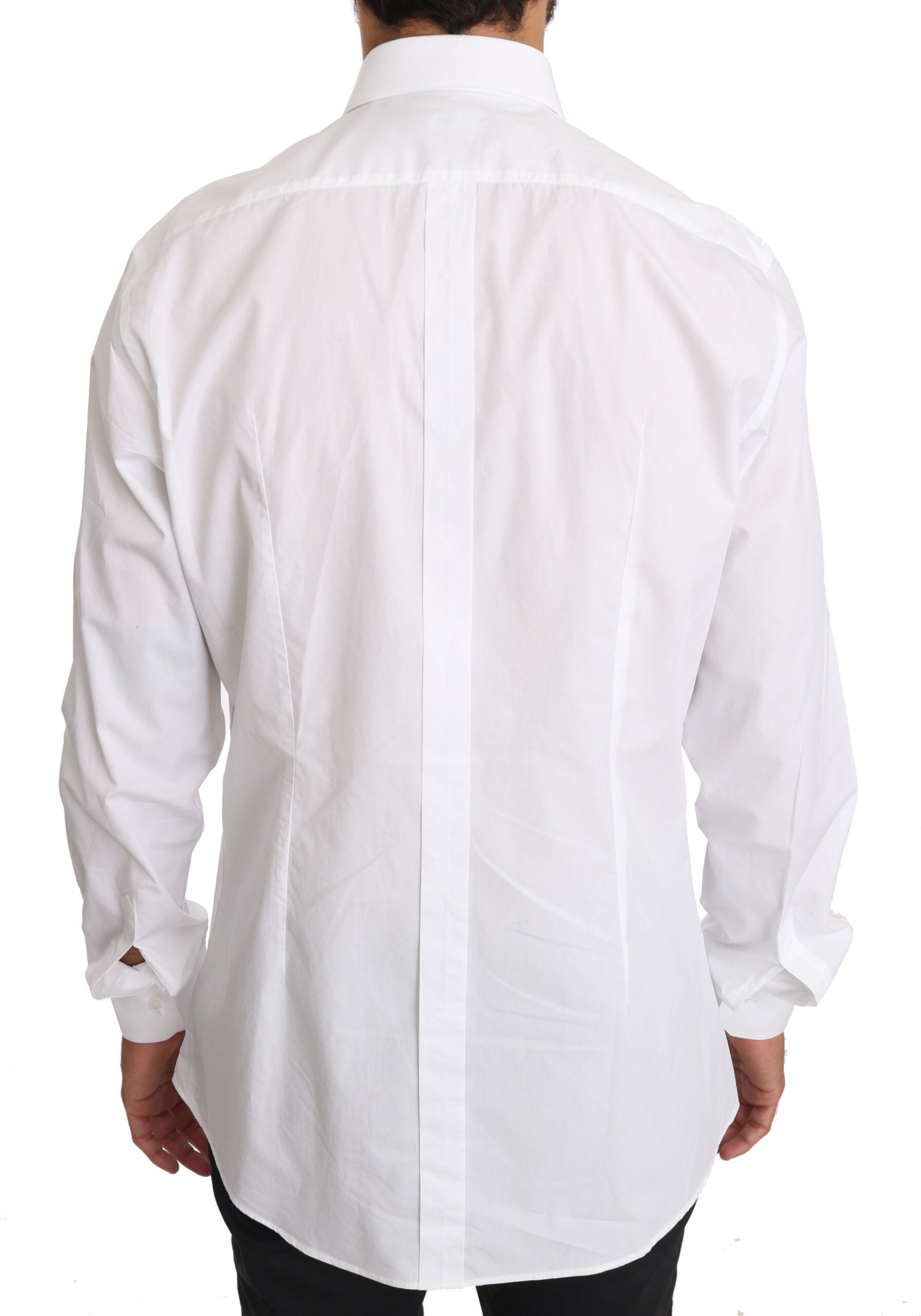 White cotton gold dress shirt by Dolce & Gabbana, featuring a classic fit with gold accents, shown on a hanger against a plain background.