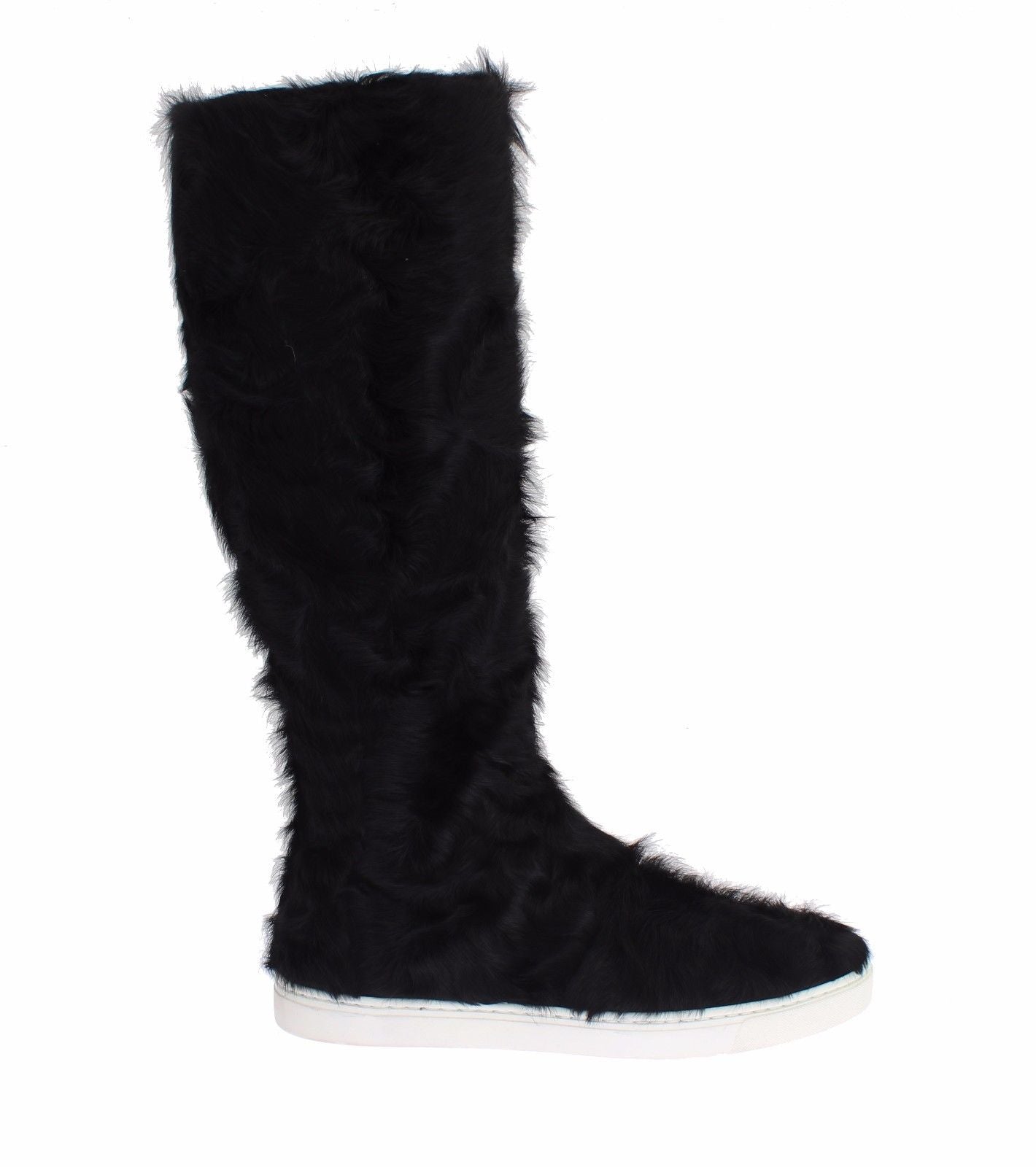 Black Xiangao lamb fur leather boots by Dolce & Gabbana, showcasing stylish high-top design with fur accents and sleek leather finish.