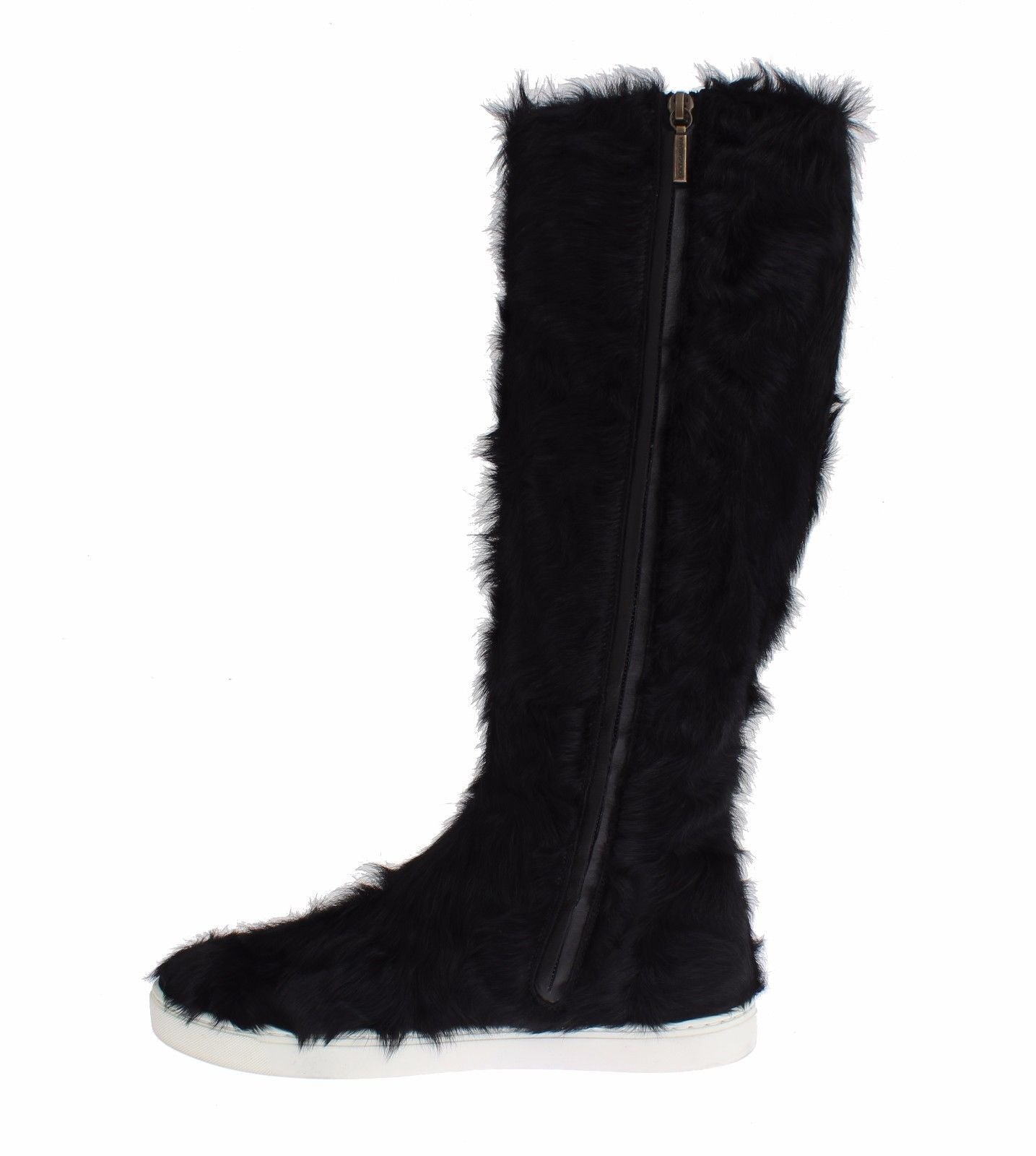 Black Xiangao lamb fur leather boots by Dolce & Gabbana, featuring sleek design and fur accents, displayed on a neutral background.
