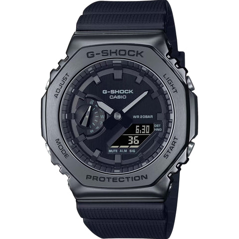 Casio G-Shock GM-2100BB-1AER watch with black resin band and digital display, featuring a sleek, modern design.