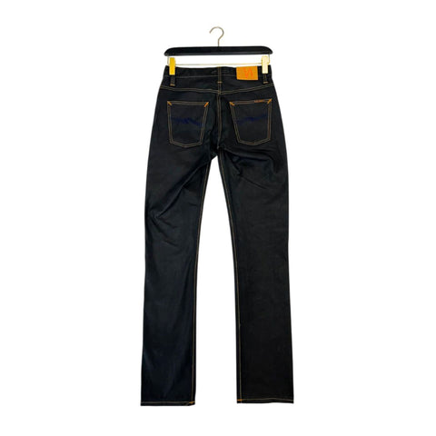 Nudie Jeans NJ2943_4GREMTIM NeroBlack denim jeans displayed with front pockets and stitching details, by Jag Couture London - New York