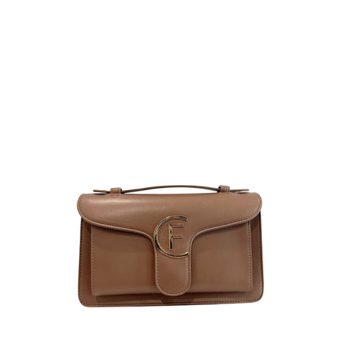 Cristinaeffe CF24FW021 taupe handbag by Jag Couture London featuring sleek leather design and silver hardware.