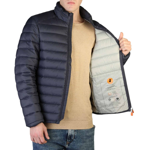 Gray Save The Duck Alexander down jacket with hood, featuring lightweight, eco-friendly insulation, worn by a model.