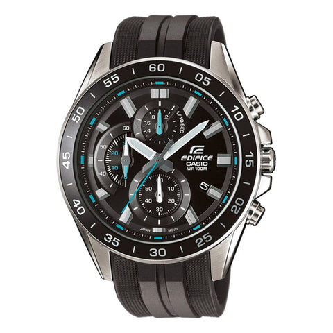 Casio EFV-550P-1AVUEF watch with black dial and gold-tone case, featuring chronograph functions and leather strap.