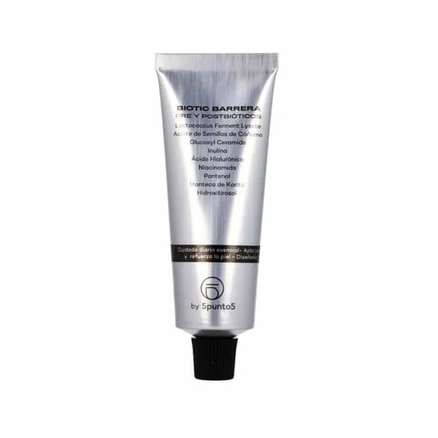5punto5 Biotic Barrier 50ml by Jag Couture London New York, a skincare product in a small white bottle with a black cap.