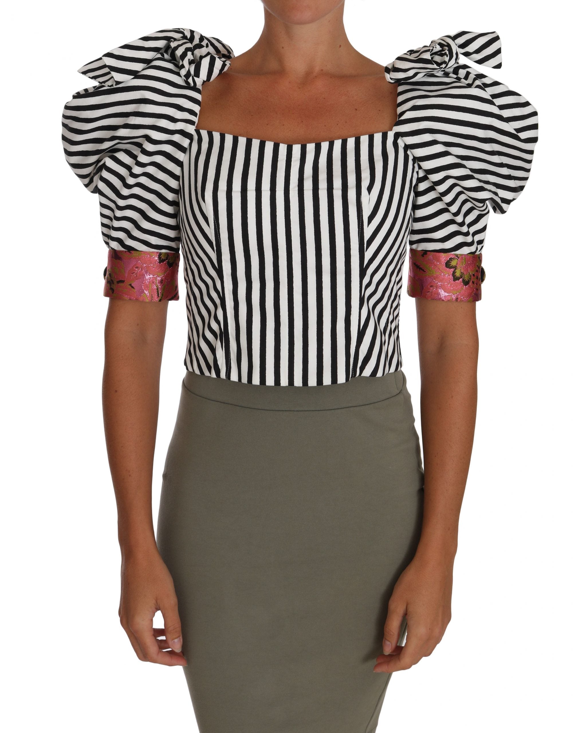 White and black striped cropped top with puff sleeves, stylish Dolce & Gabbana shirt for a trendy, modern look.