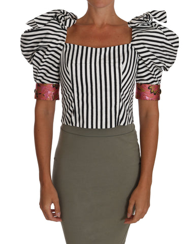White and black striped cropped top with puff sleeves, stylish Dolce & Gabbana shirt for a trendy, modern look.