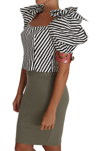 White and black striped cropped top with puff sleeves by Dolce & Gabbana, stylish and fitted fashion shirt.