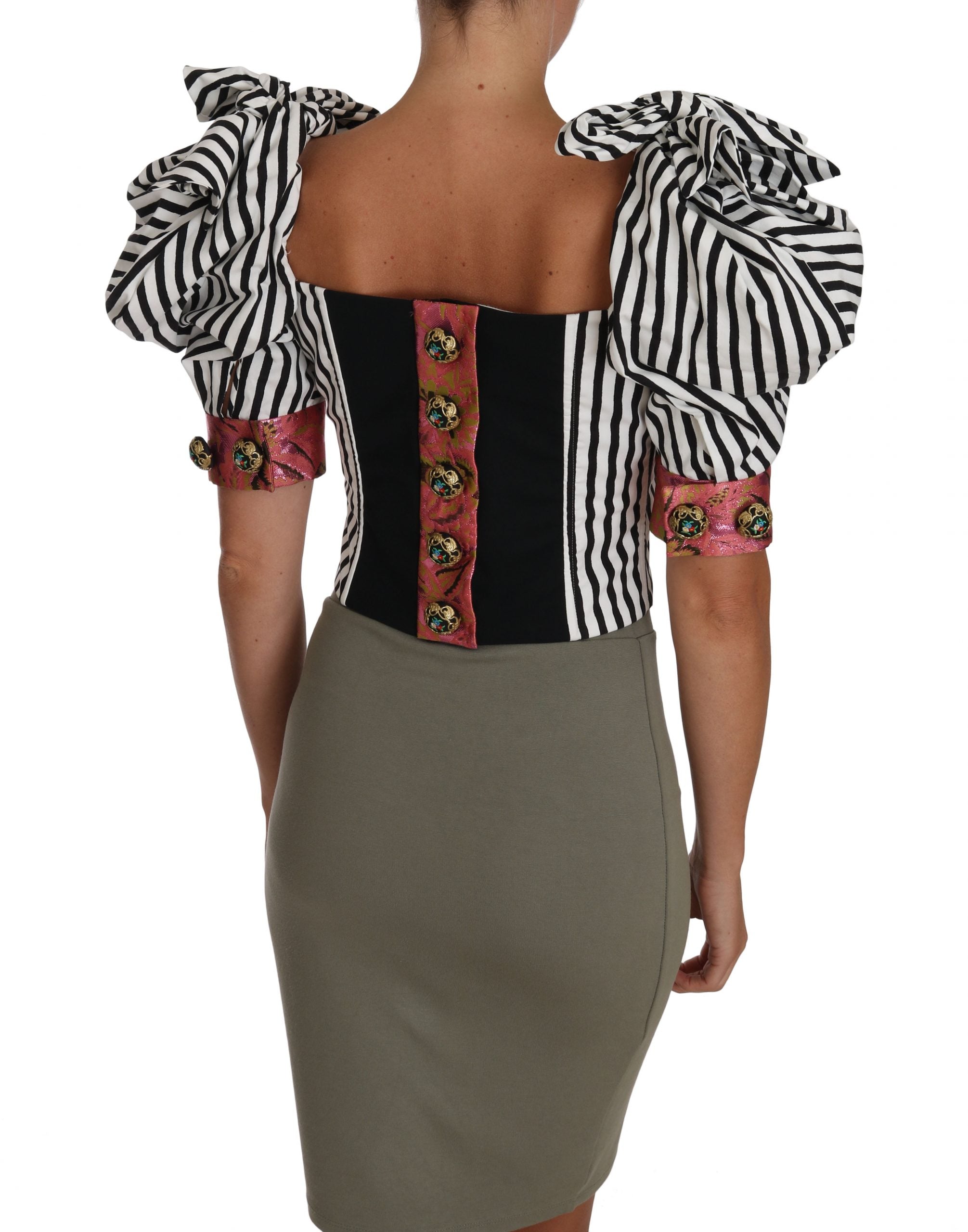White and black striped cropped top with puff sleeves by Dolce & Gabbana, featuring a fitted design and stylish pattern.
