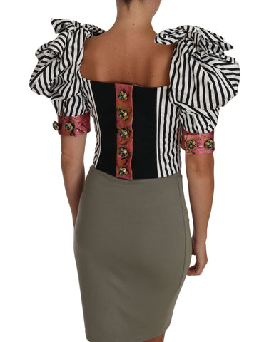 White and black striped cropped top with puff sleeves by Dolce & Gabbana, featuring a fitted design and stylish pattern.