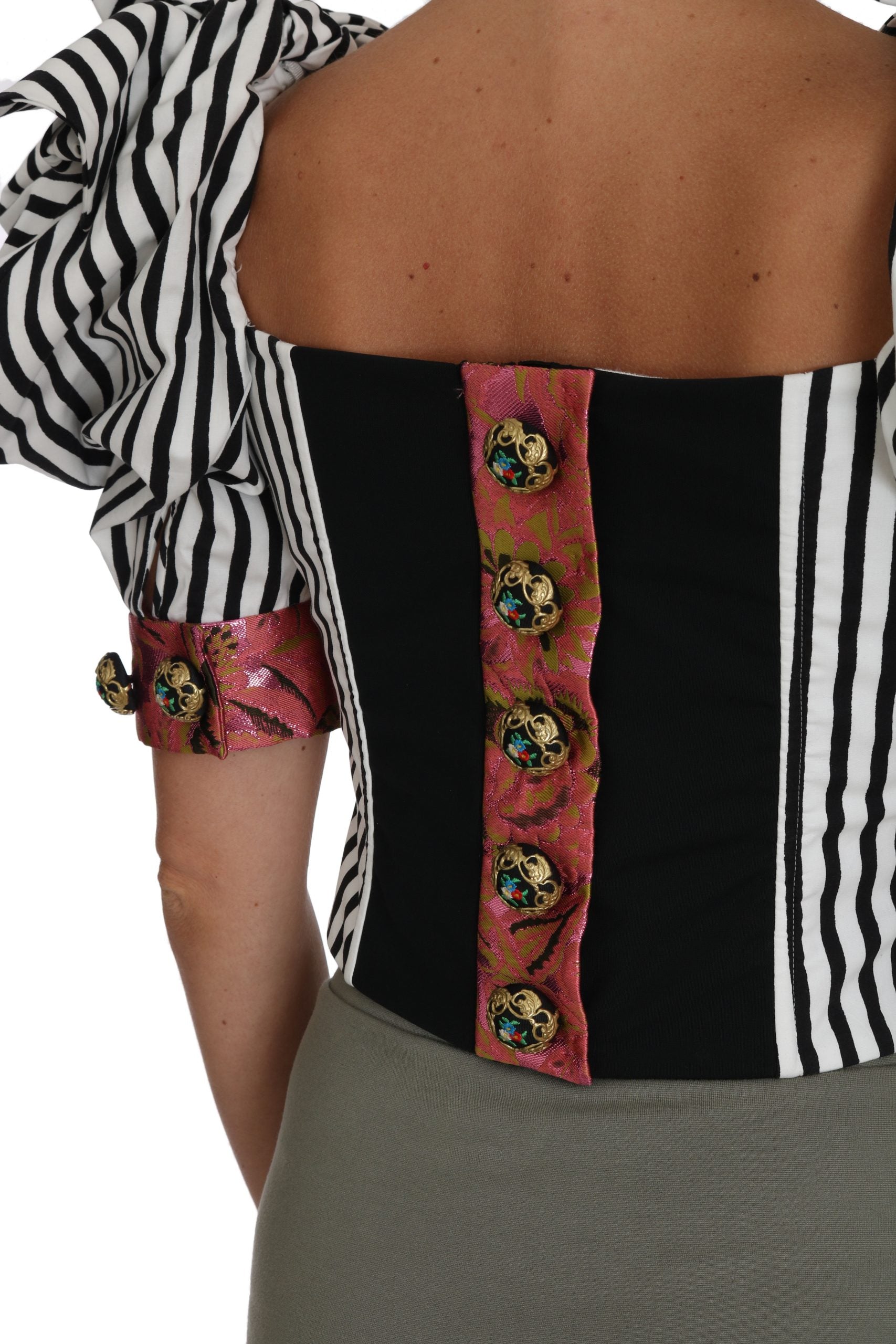 White and black striped cropped top with puff sleeves by Dolce & Gabbana, stylish and casual fashion shirt.