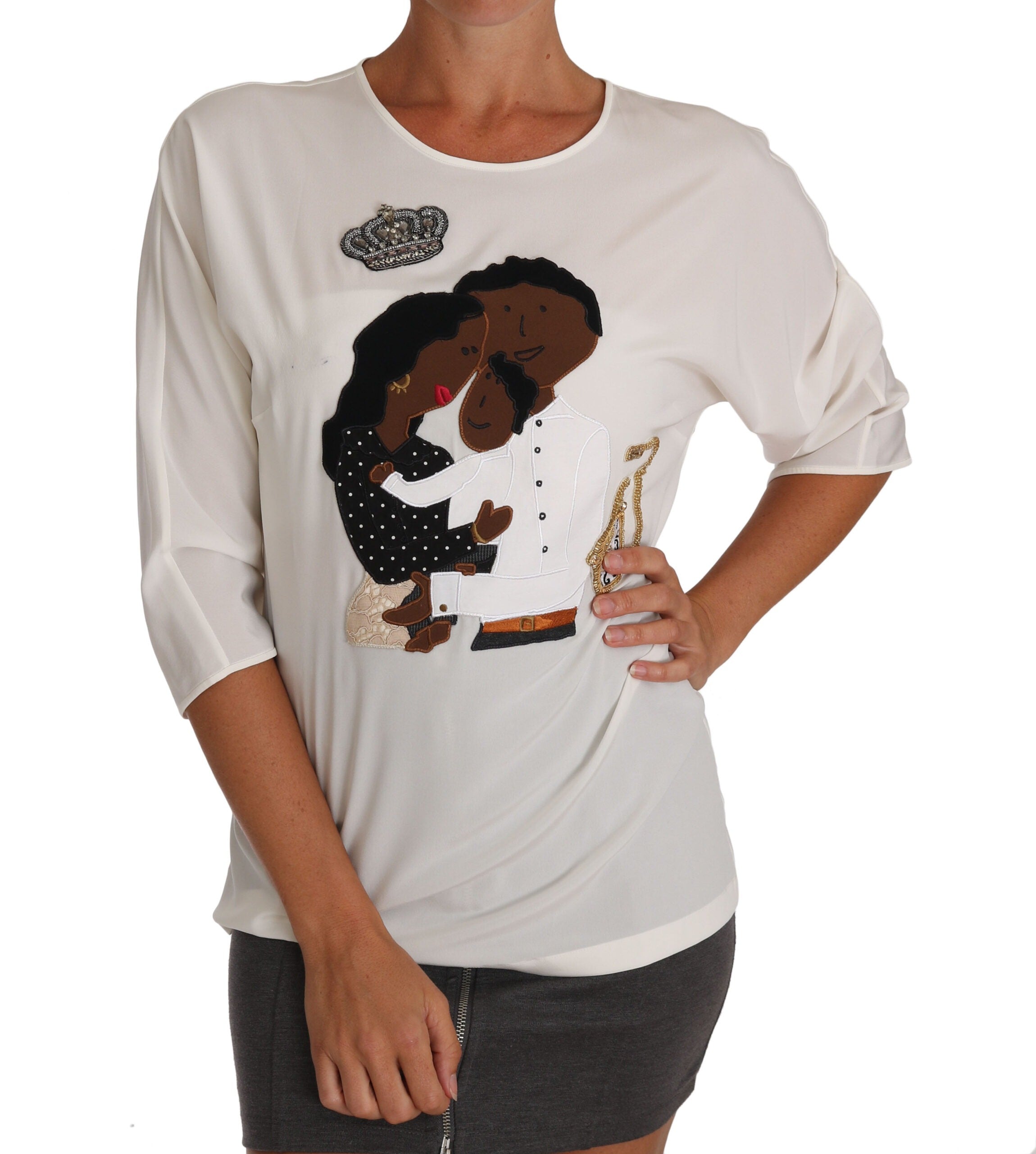 White silk crystal T-shirt by Dolce & Gabbana with subtle gemstone embellishments and a smooth, luxurious fabric finish.