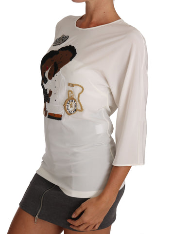 White silk crystal T-shirt by Dolce & Gabbana featuring elegant crystal embellishments and a classic fit.