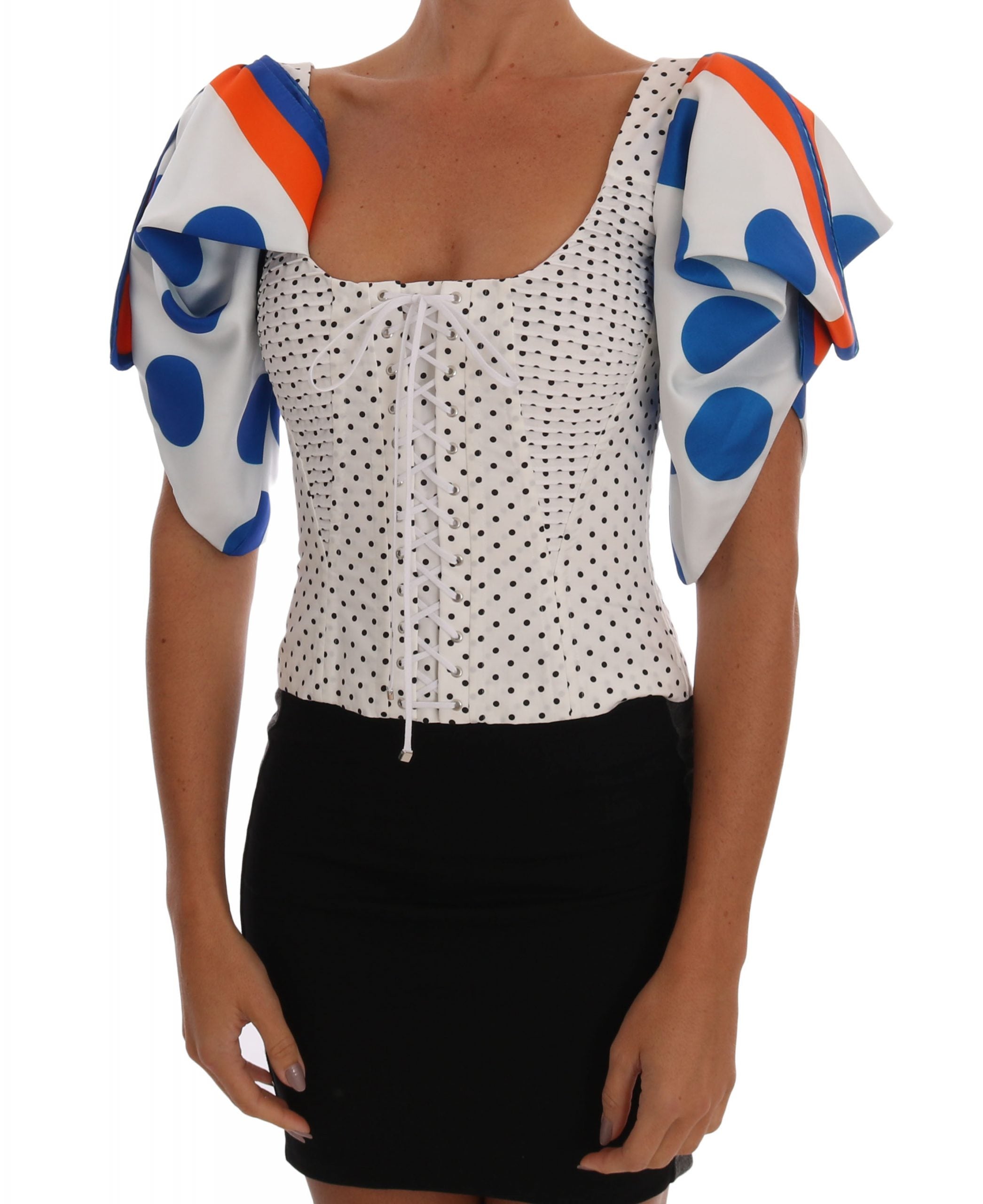 White silk corset bustier top with black polka dots from Dolce & Gabbana, featuring structured fit and elegant design.