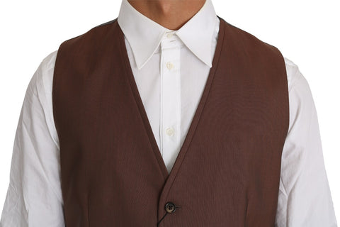 Brown wool silk waistcoat vest by Dolce & Gabbana, shown on a hanger with detailed fabric texture and tailored fit.