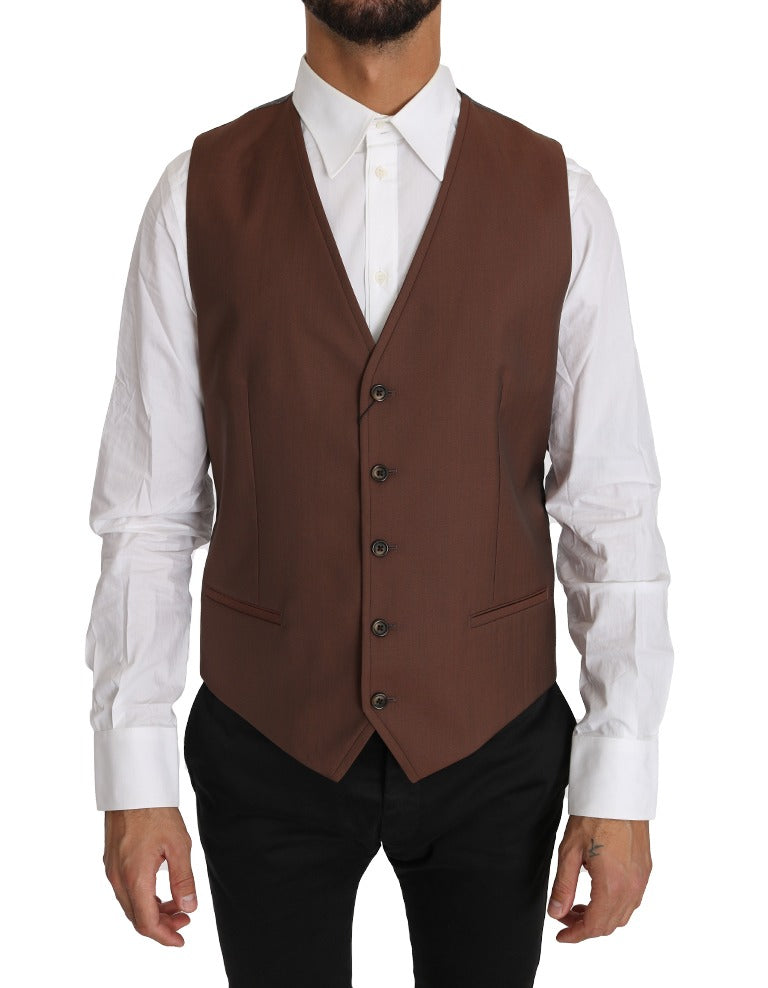 Brown wool and silk waistcoat vest by Dolce & Gabbana, featuring tailored fit and classic design.