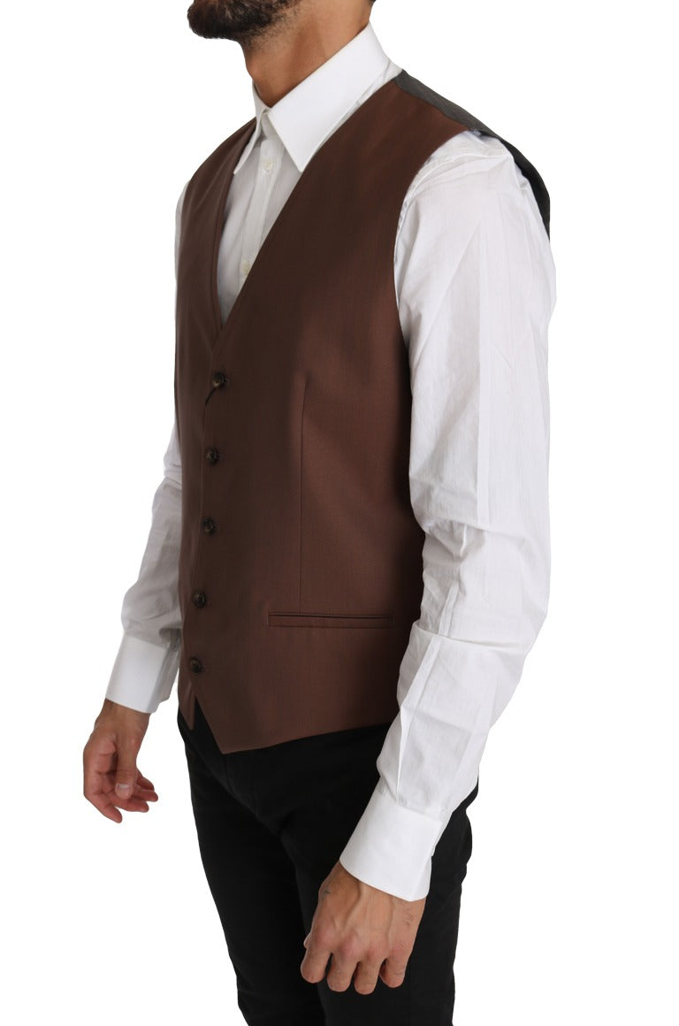 Brown wool and silk waistcoat vest by Dolce & Gabbana, featuring a tailored fit and classic design.