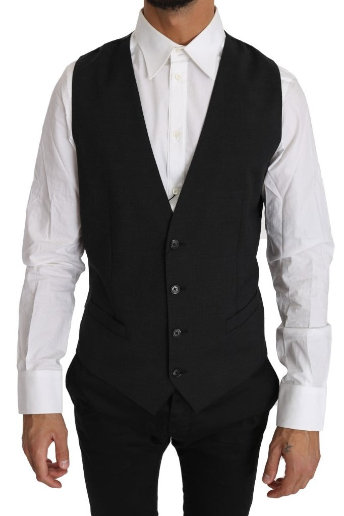 Gray solid wool waistcoat vest by Dolce & Gabbana, front view showing tailored fit and classic design details.