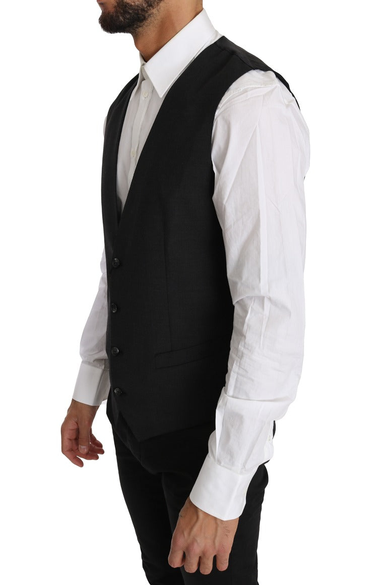 Gray solid 100% wool waistcoat vest by Dolce & Gabbana, featuring a tailored fit and classic design.
