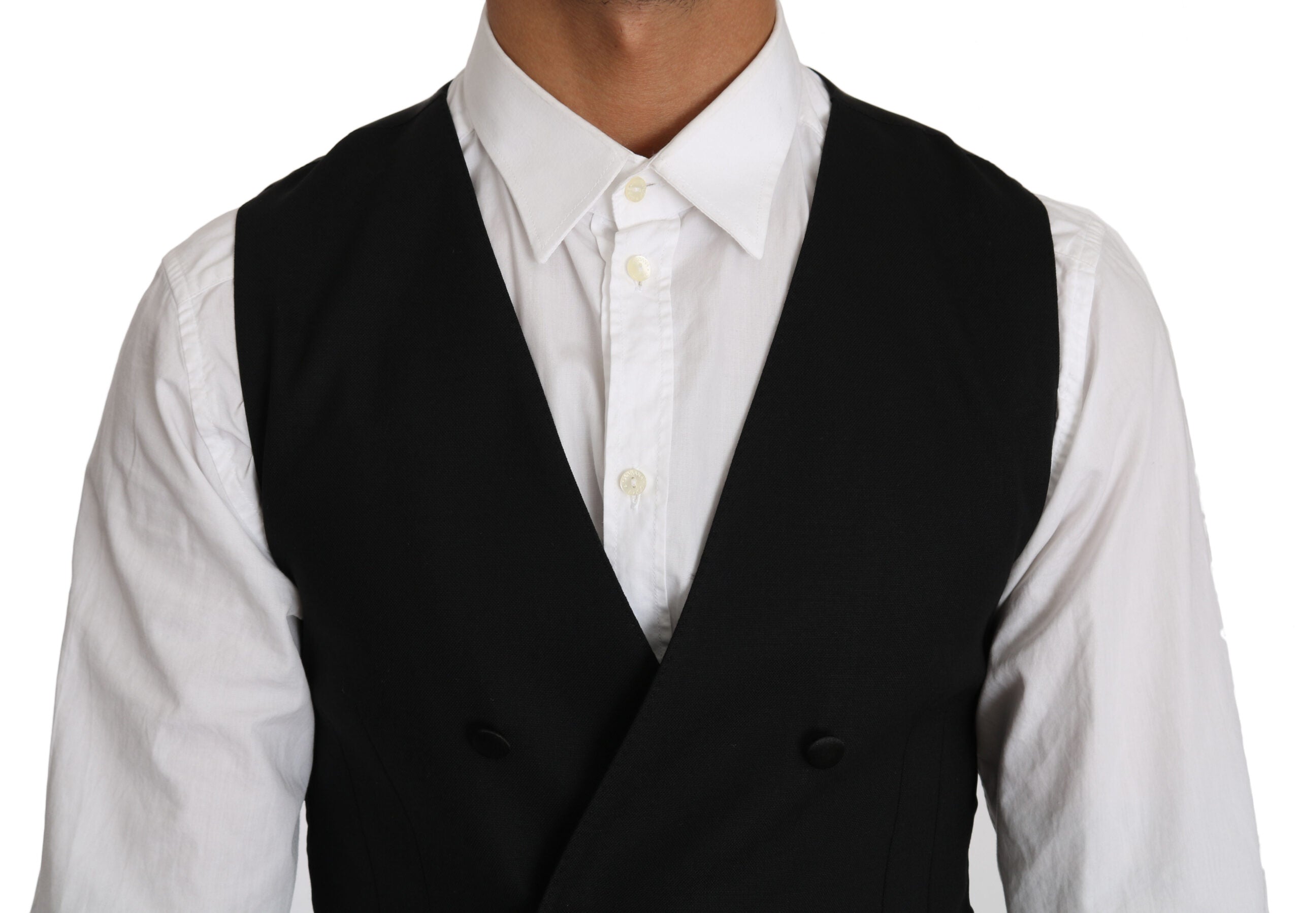 Gray wool double-breasted waistcoat vest by Dolce & Gabbana, showing front view with tailored fit and classic lapel details.