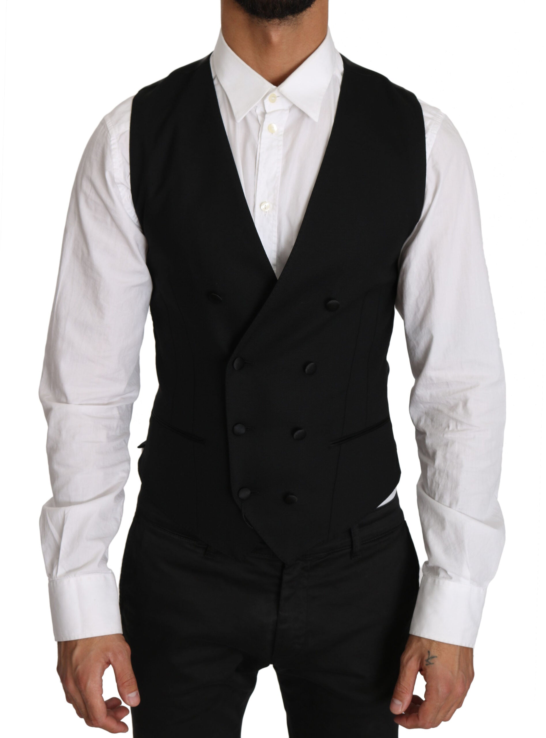 Gray wool double-breasted waistcoat vest by Dolce & Gabbana, tailored fit with buttons and lapel details.