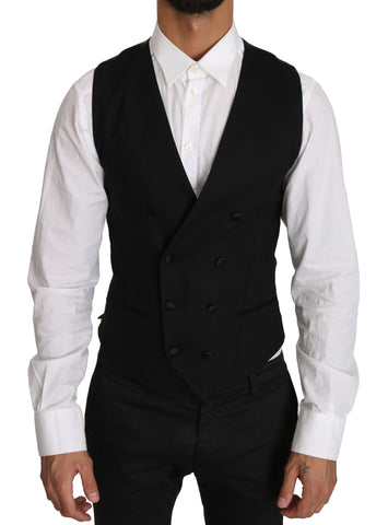Gray wool double-breasted waistcoat vest by Dolce & Gabbana, tailored fit with buttons and lapel details.