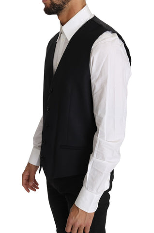 Gray wool silk waistcoat vest by Dolce & Gabbana, featuring tailored fit and elegant design, shown on a hanger.