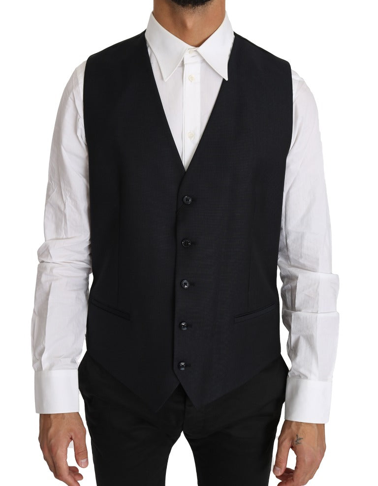 Gray wool silk waistcoat vest by Dolce & Gabbana, tailored fit with intricate detailing and a classic collar.