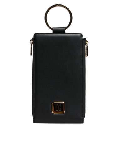 Black Leather Logo Plaque Neck Strap Card Coin Wallet