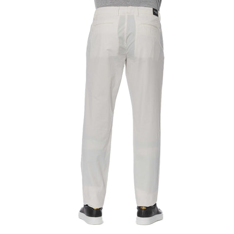 Porcelain Trussardi jeans with classic fit and stylish design, showcased on a hanger against a neutral background.
