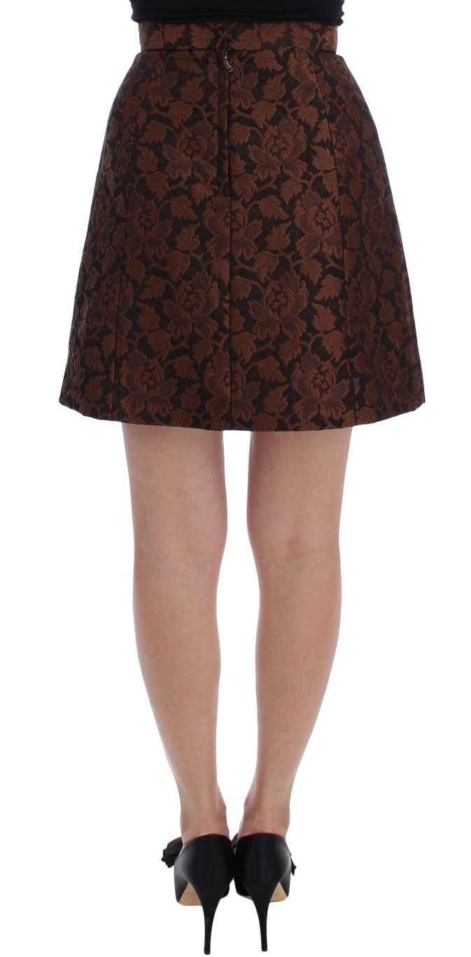 Brown floral brocade mini bubble skirt by Dolce & Gabbana, featuring a textured floral pattern and a stylish, voluminous silhouette.