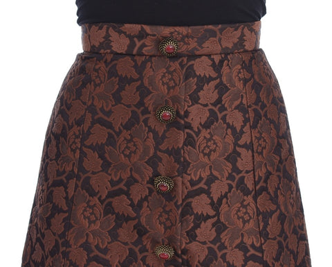 Brown floral brocade mini bubble skirt by Dolce & Gabbana, featuring a textured floral pattern and a fitted, stylish silhouette.