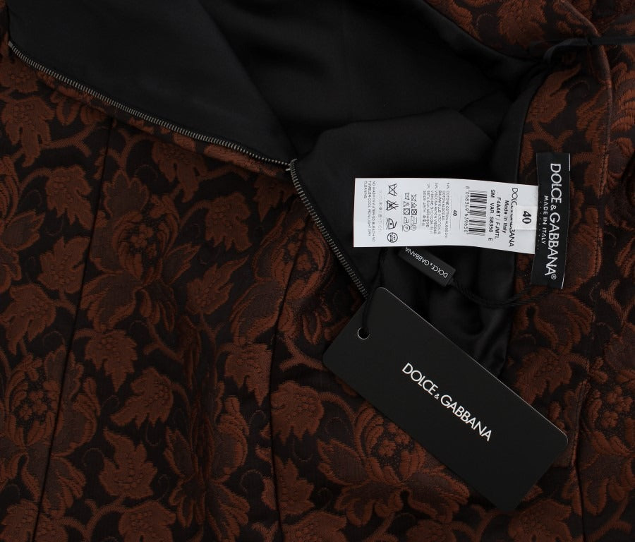 Brown floral brocade mini bubble skirt by Dolce & Gabbana with a fitted waist and voluminous hem, detailed floral pattern.