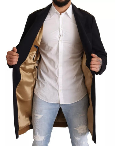 Blue Trench Coat Long Wool Stretch Jacket