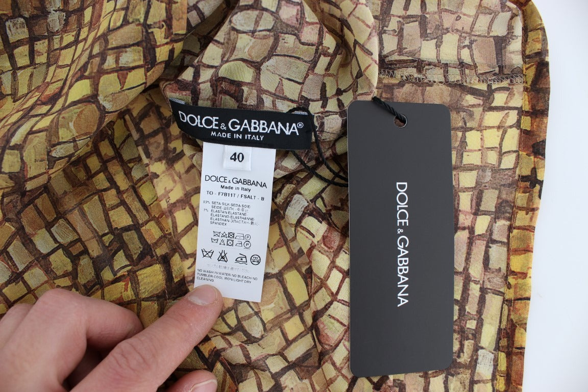 Multicolor mosaic print silk blouse from Dolce & Gabbana with a T-shirt style and vibrant, artistic design.