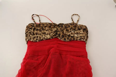 Brown Leopard Red Tulle Sheath Midi Dress