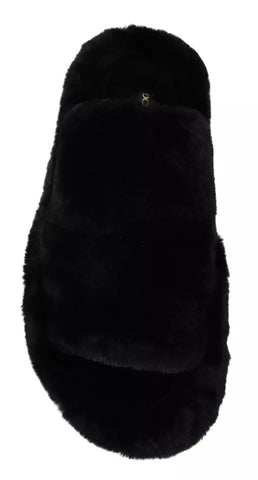 Black Polyester Faux Fur Mens Flats Sandals Shoes