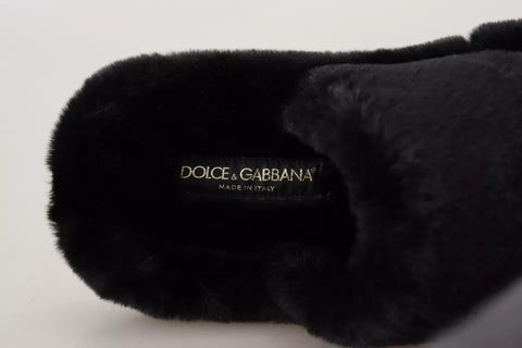 Black Polyester Faux Fur Mens Flats Sandals Shoes