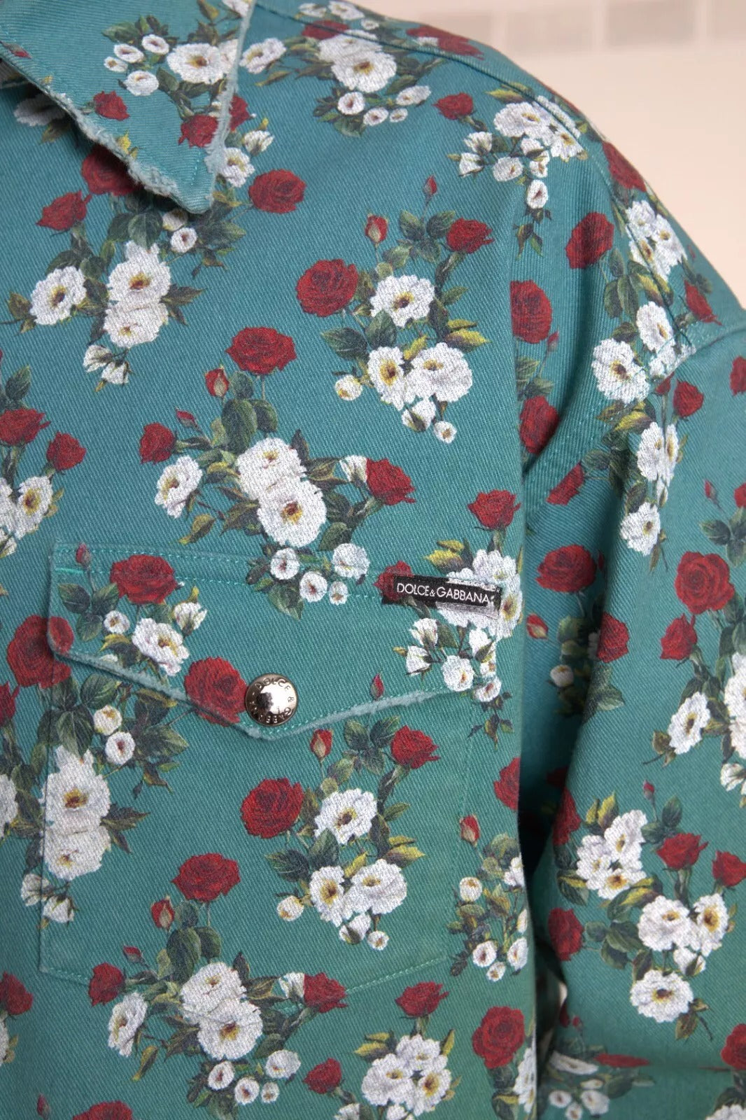 Blue Floral Cotton Button Down Denim Shirt