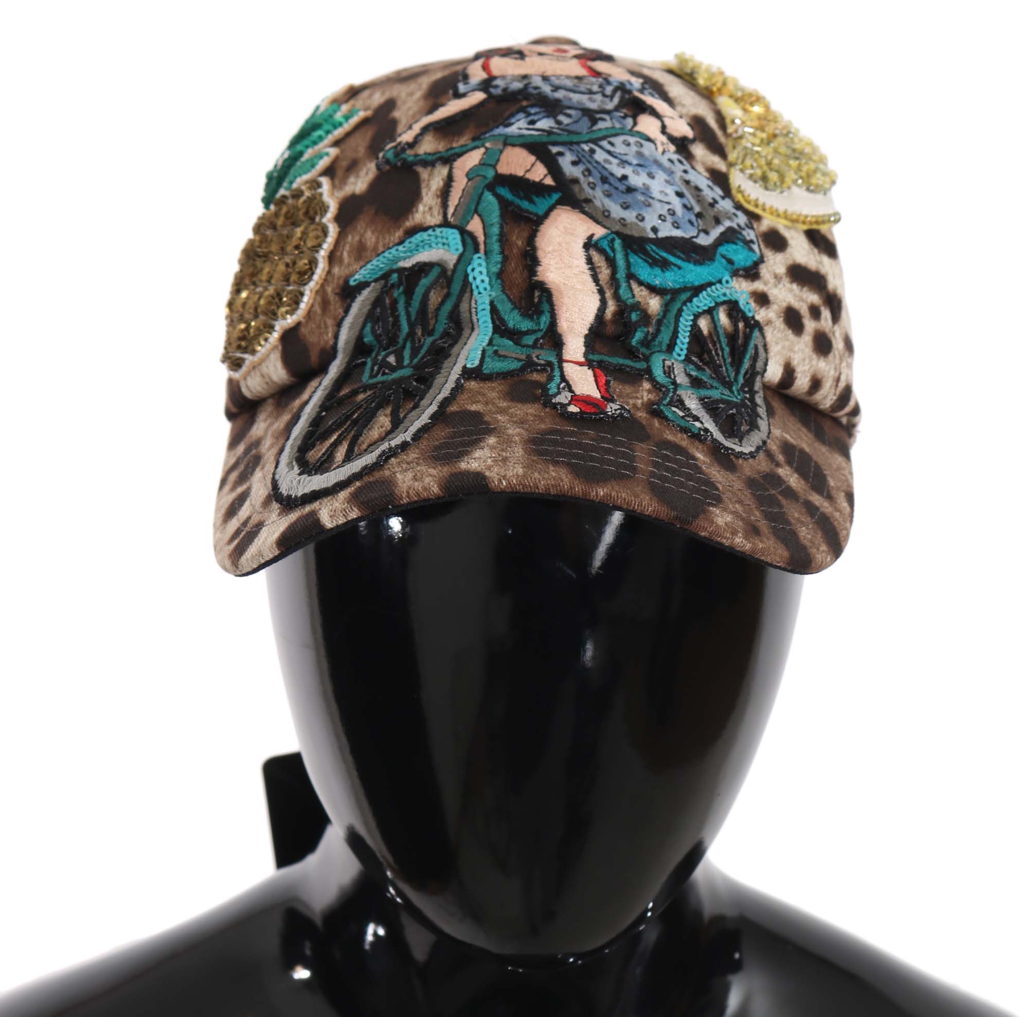 Brown leopard sequin Sicily applique baseball hat by Dolce & Gabbana with embroidered leopard pattern and curved brim.